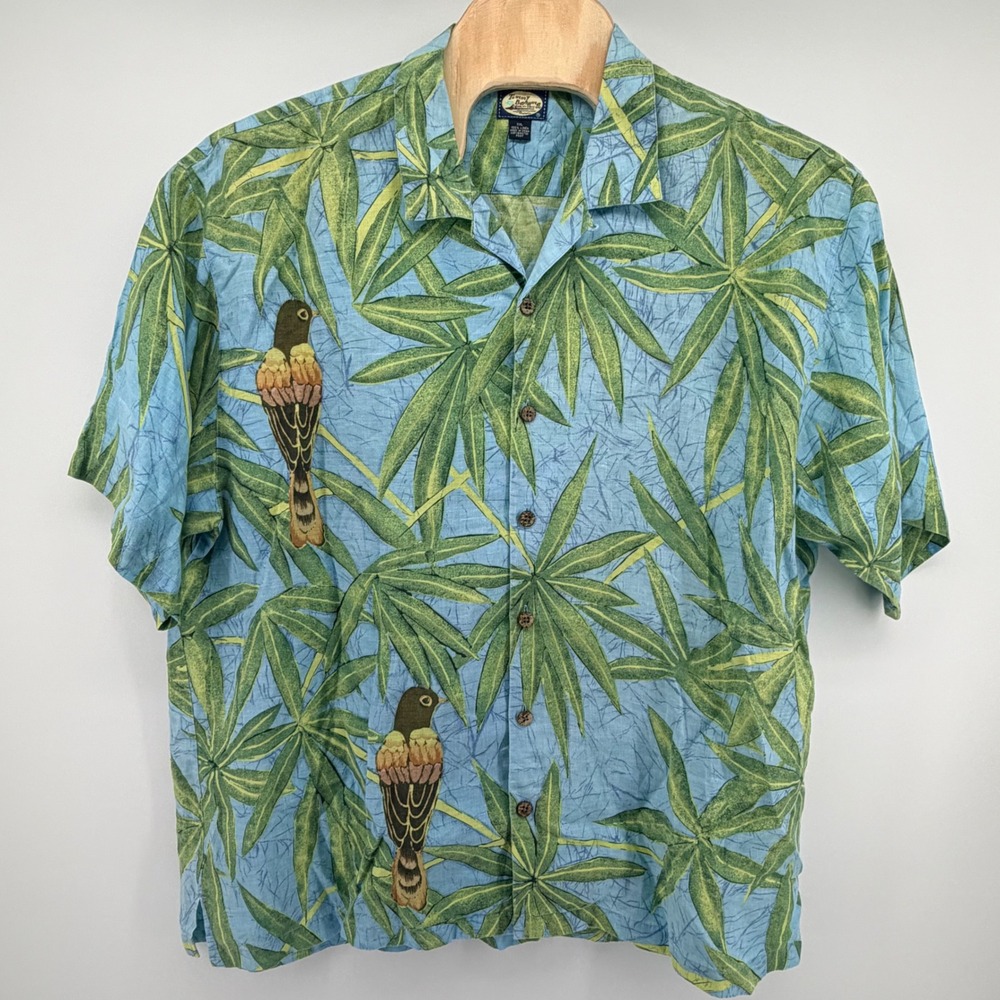 Tommy Bahama Shirt Mens XXL Blue Linen Tropical Bird Bamboo Camp Button Up XL